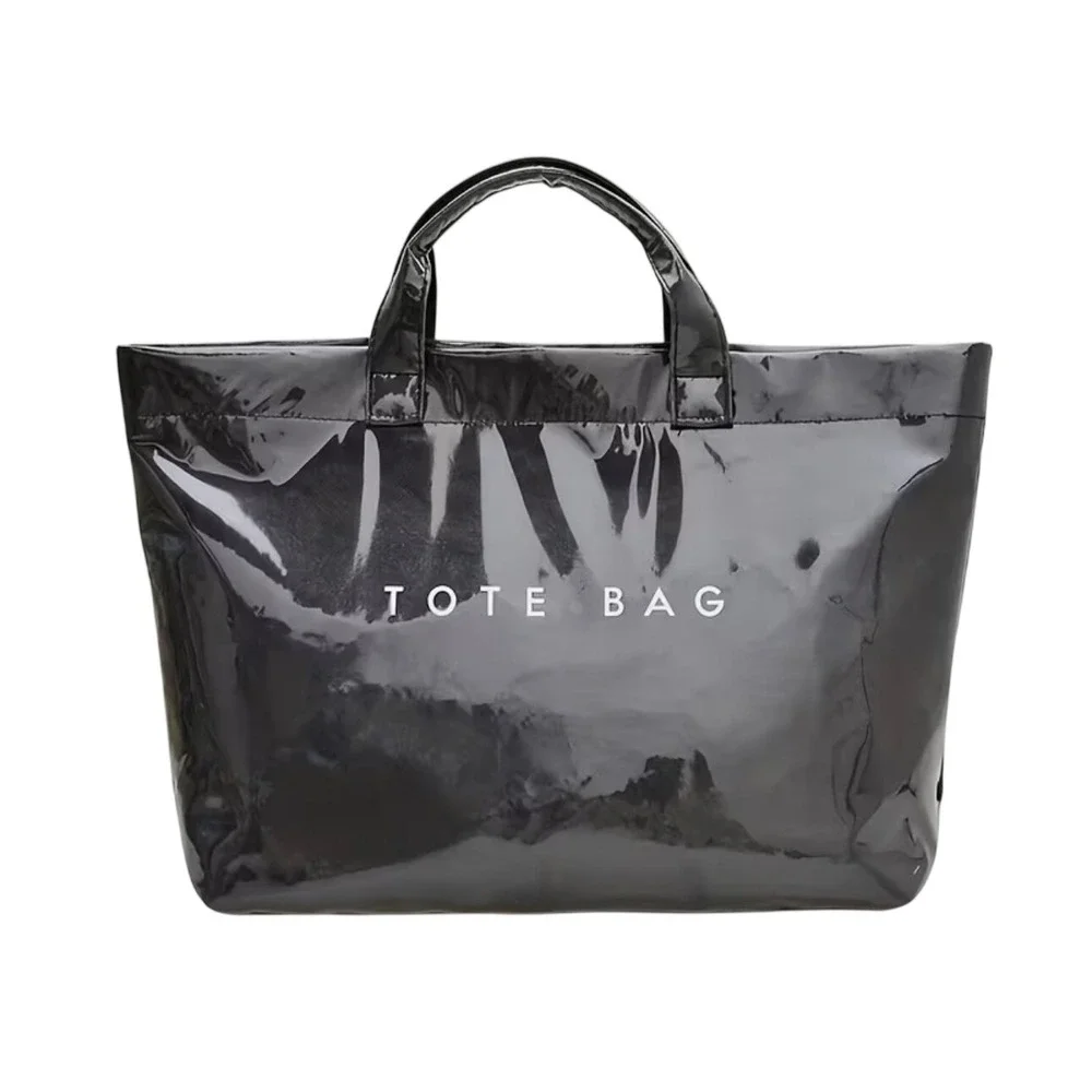 Chic Black Glossy Tote Purse. Functional Carryall with Scarf & Charm Accessories